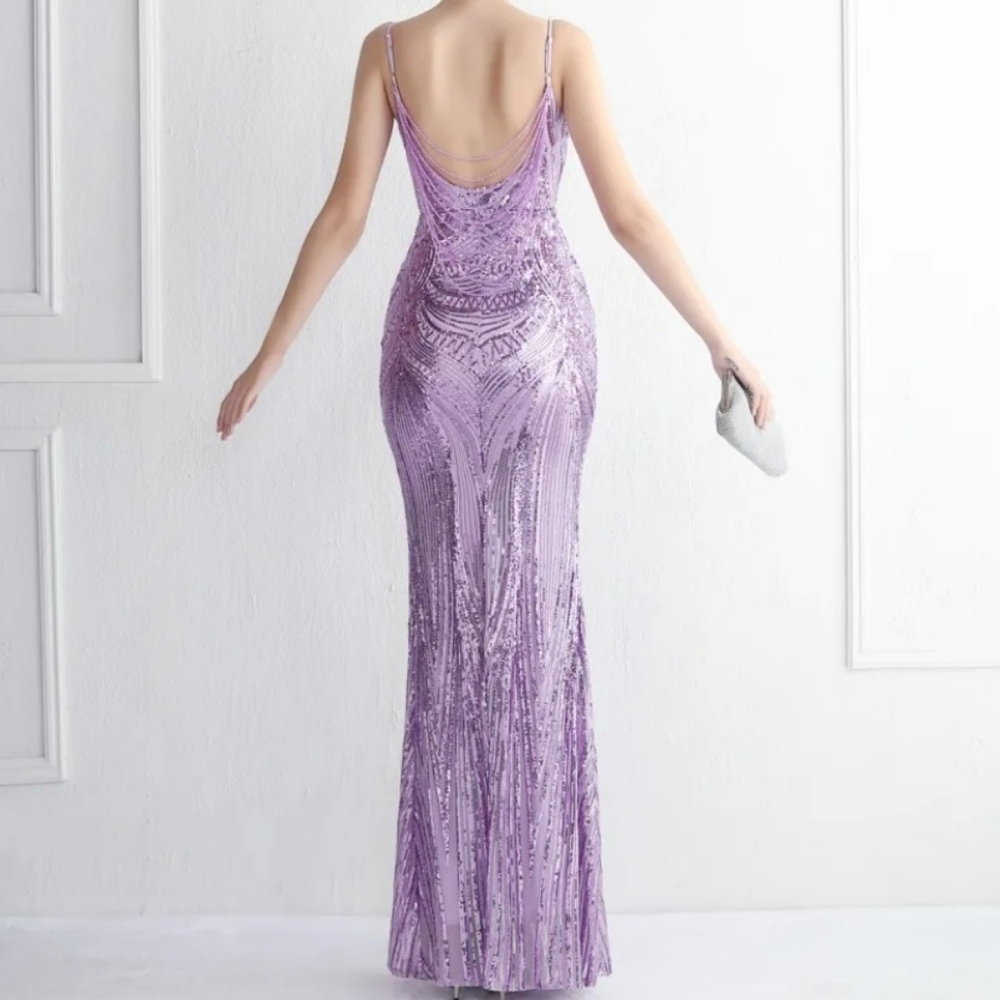 Purple, Geo Print,  Sleeveless,  Beaded Draped Back,  Sequined Mermaid G… - Picture 11 of 13
